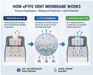 ePTFE waterproof breathable vent membrane technology for lubricant packaging